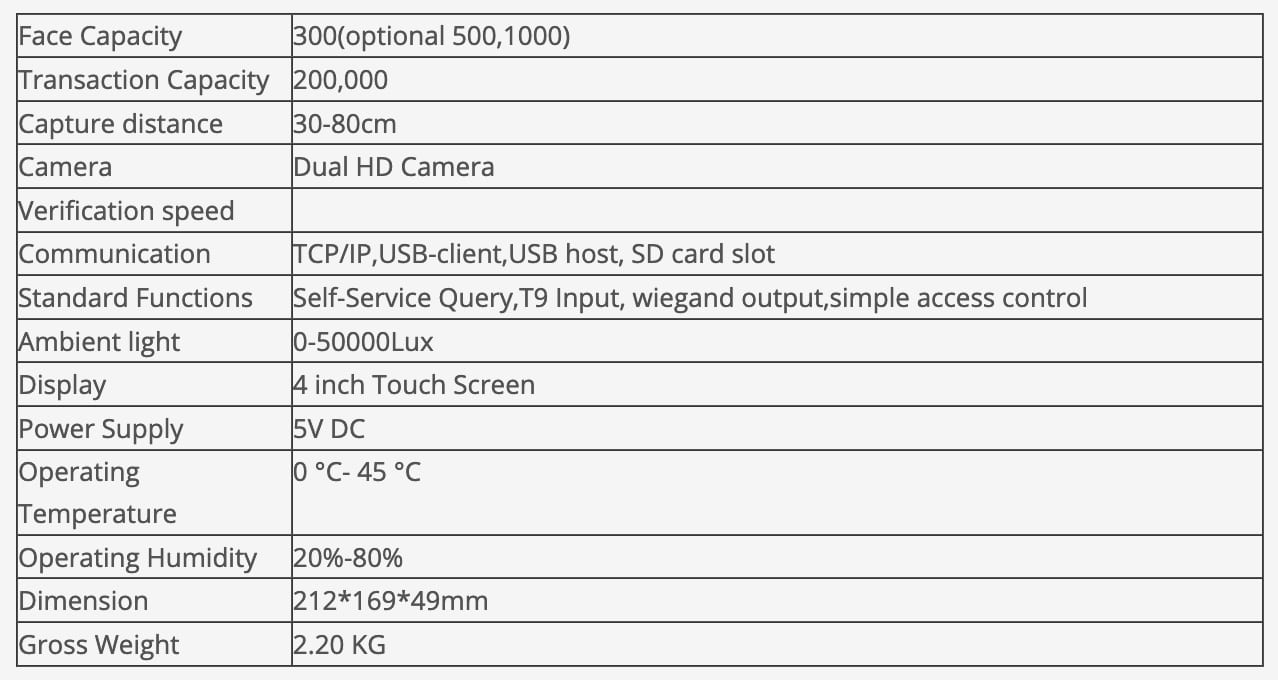 Características terminal biométrico NKT10